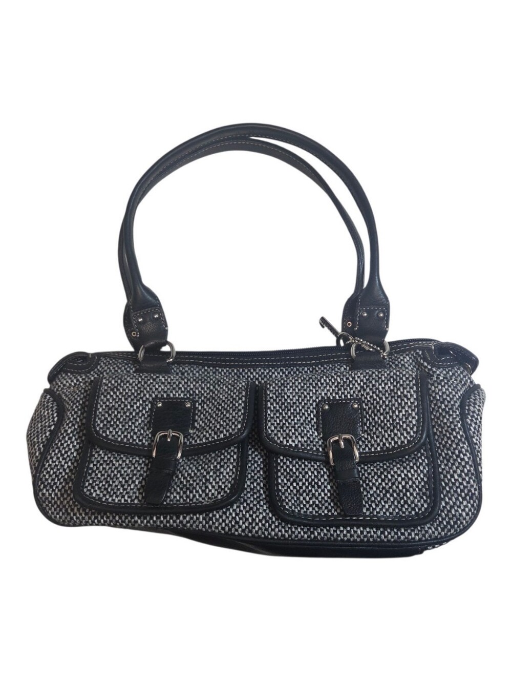 Vintage Y2K Fossil Tweed Top Handle Satchel Handbag Black & Gray